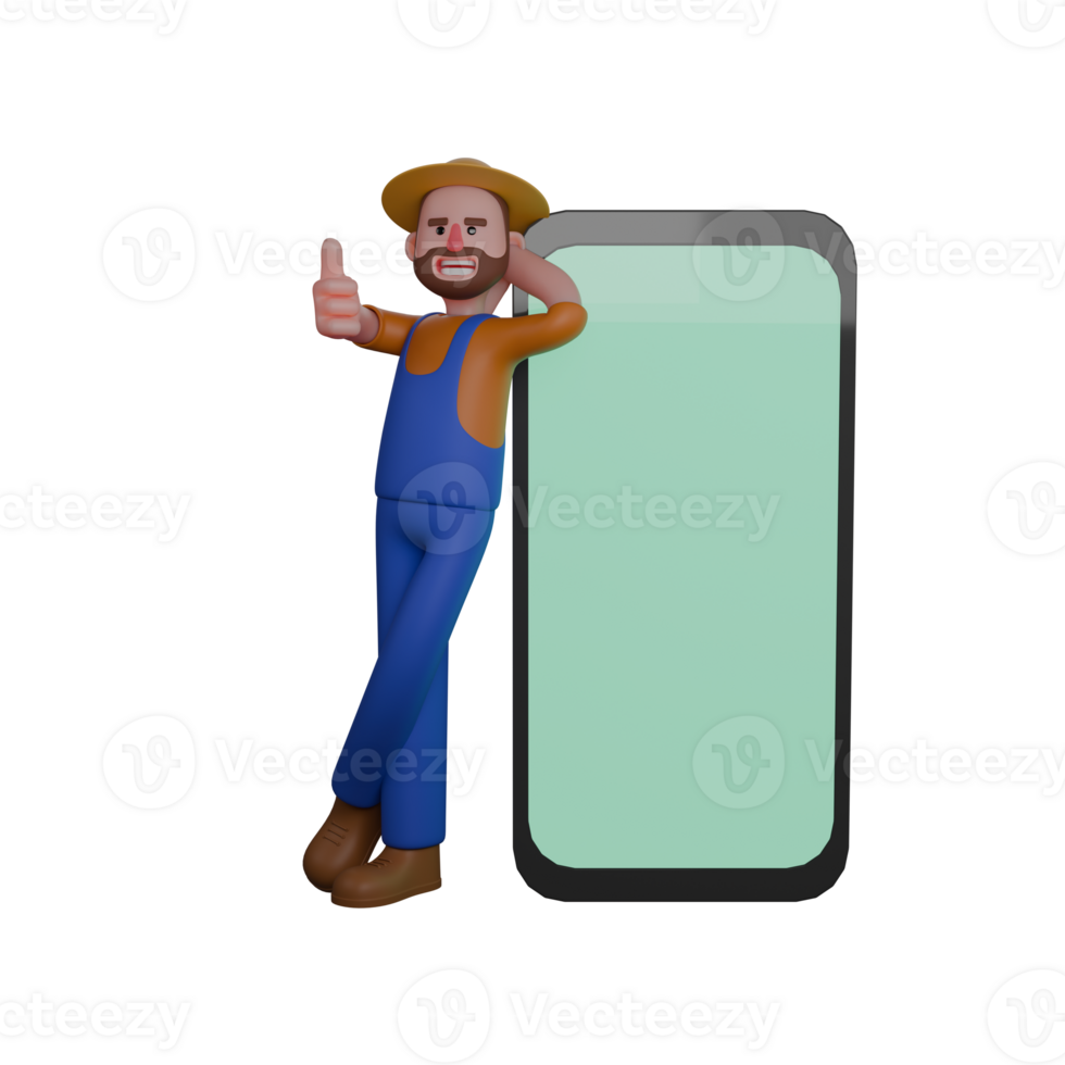 3D Agricultural Character. A farmer gives a thumbs up while casually leaning on a large device png