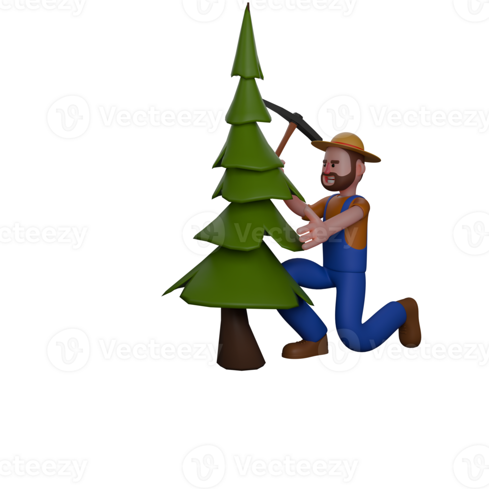 Professional Male in 3D Farmer. A farmer is squatting while cutting down a pine tree png