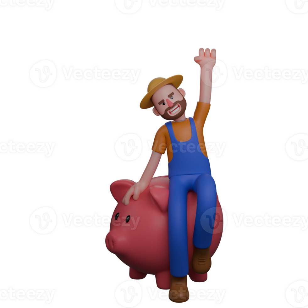Farmer's Daily Routine in 3D. A farmer sits on a pink pig while raising one hand in the air with a joyful expression. Male Cartoon png