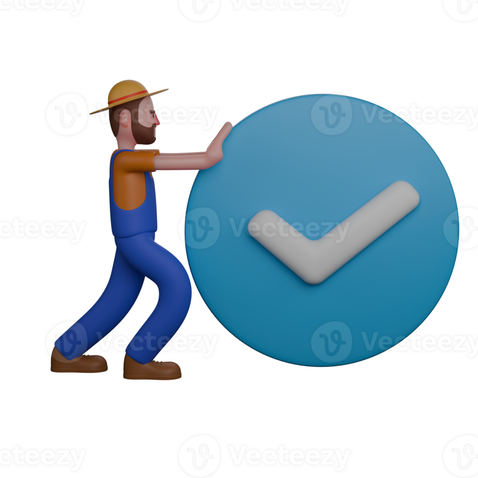 3D Male Farmer. A farmer pushing a big blue circle symbol with a white check mark in the middle. Professional Agricultural Character png