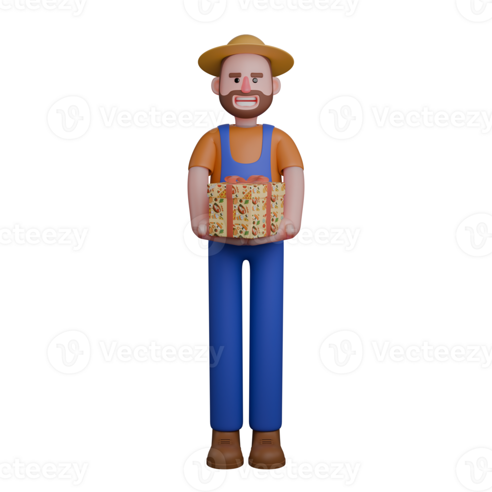 of 3D Male Farmer 3D Male Farmer Illustration. A farmer is lifting a small gift box excitedly professional cartoon png