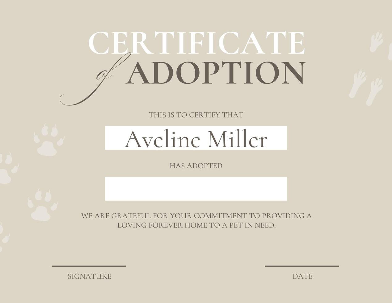 Pet Adoption Minimalist Certificate template