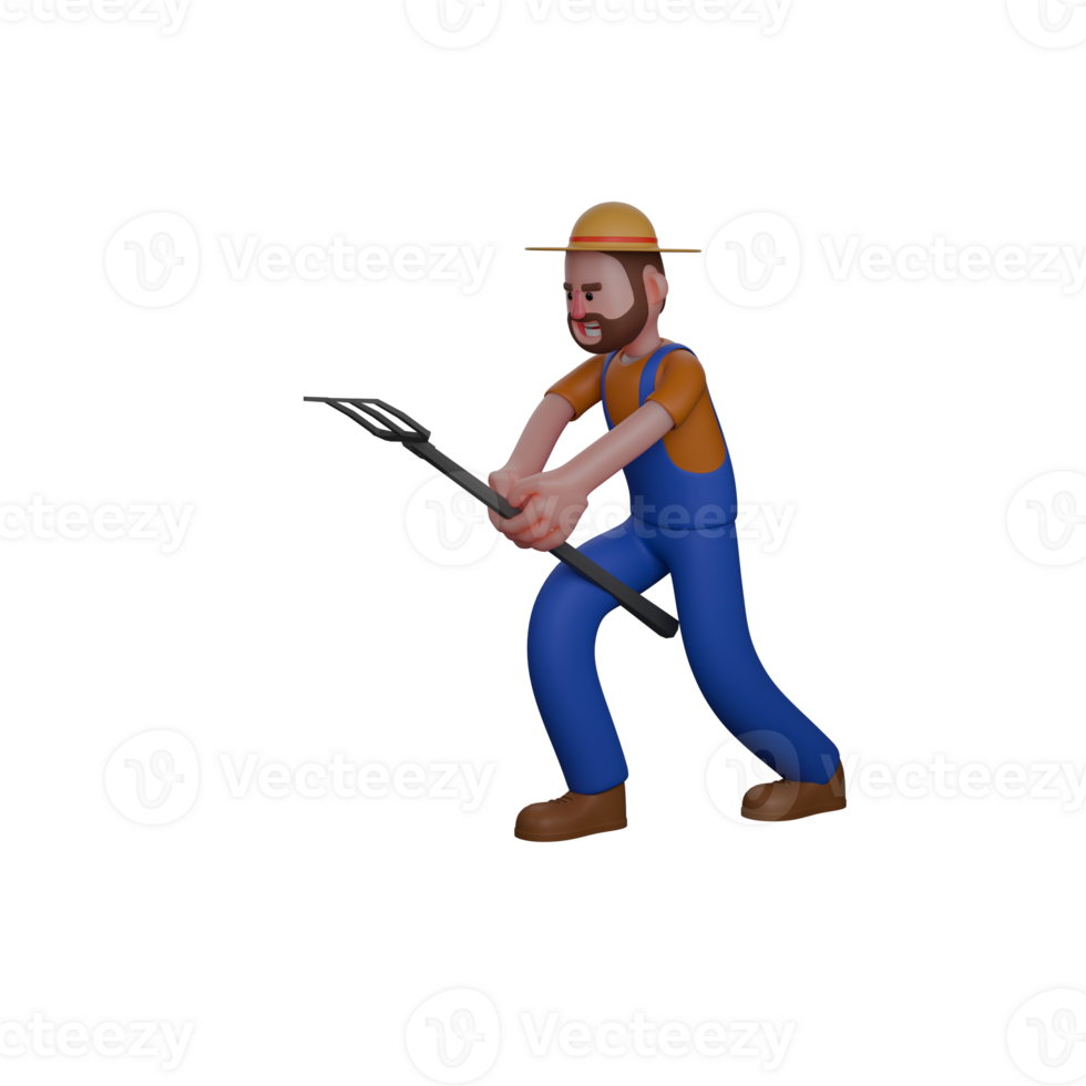 Male Agricultural Professional in 3D. A farmer in a hunched position, holding a pitchfork with both hands. Farmer Cartoon png
