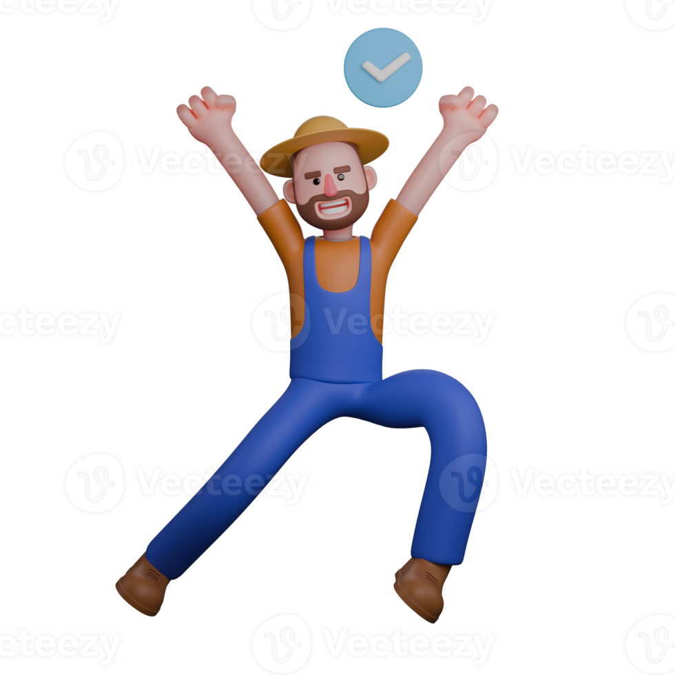 3D Professional in Agriculture. A farmer is seen jumping enthusiastically with both hands raised in the air. Male Farmer png