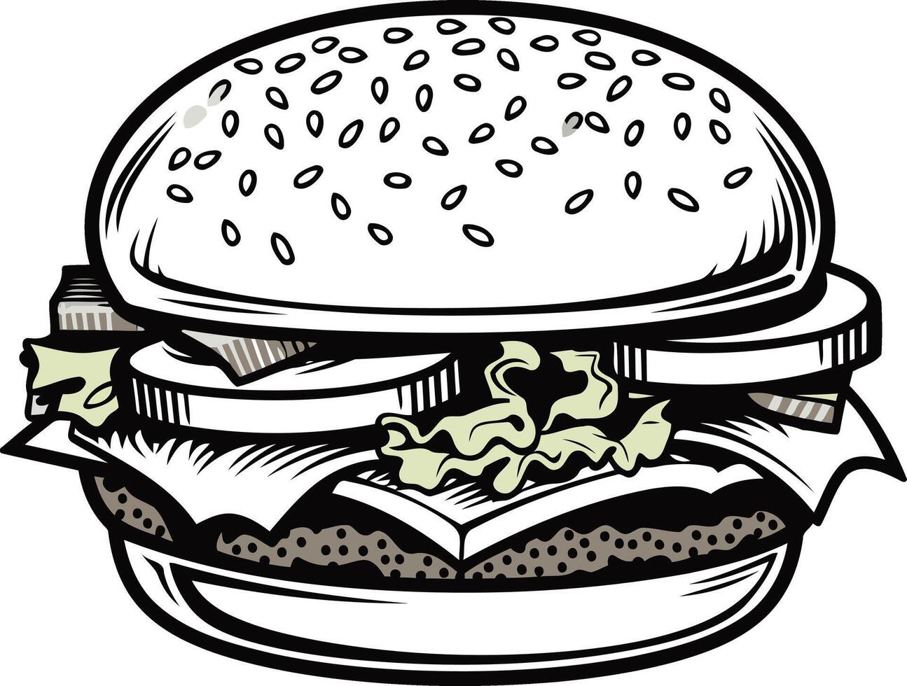 A detailed line drawing of a classic hamburger vector