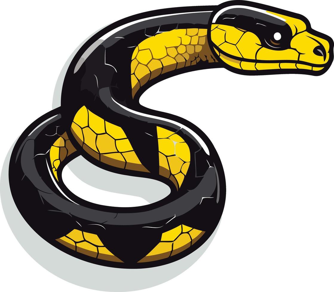 A bold and graphic illustration of a black and yellow snake in a coiled position vector