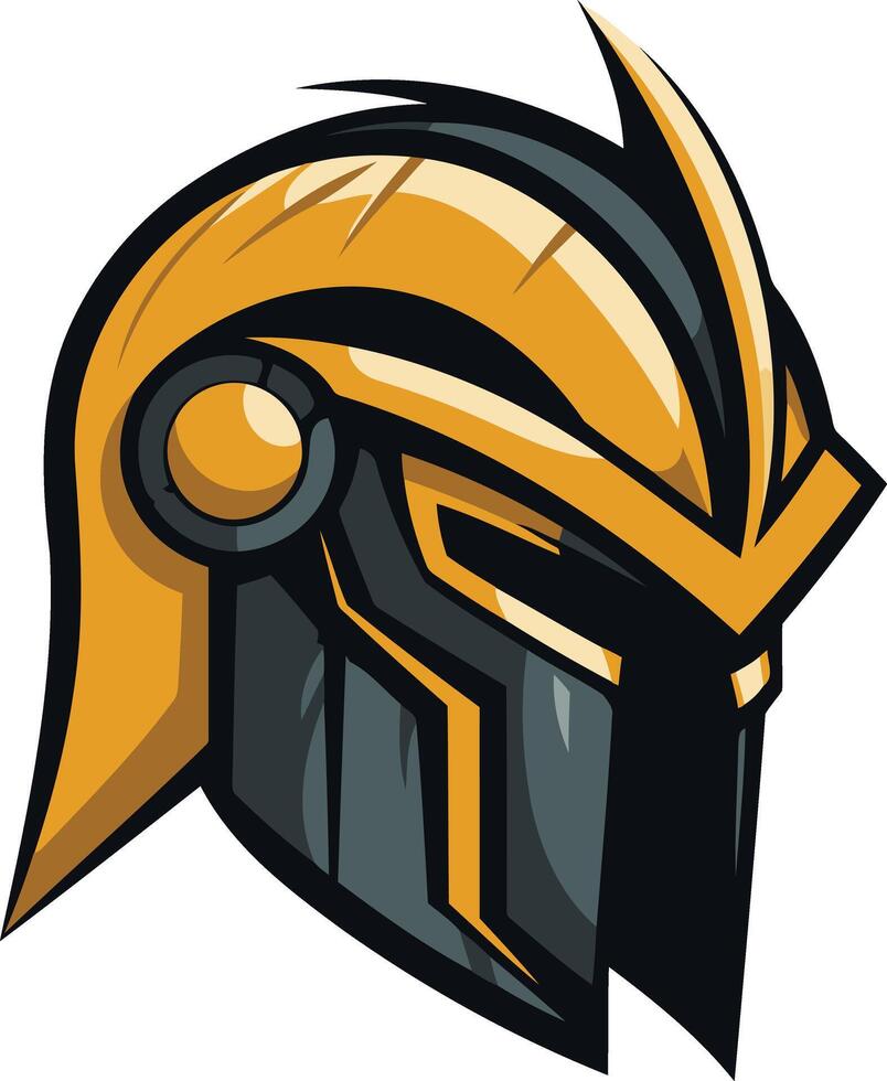 A futuristic, stylized warrior helmet in yellow and black vector