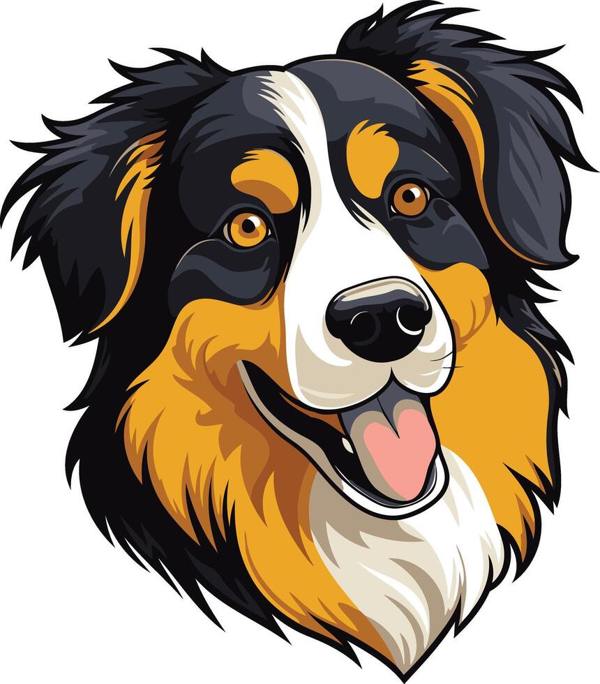A friendly cartoon illustration of a happy australian shepherd with black, white, and brown fur vector