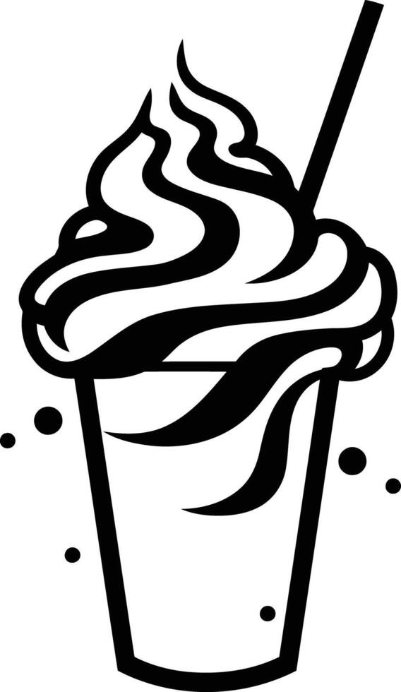 Simple black and white illustration of a milkshake with whipped cream and straw vector