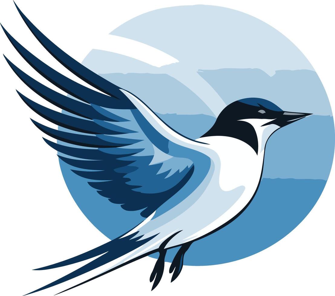 A stylized blue bird in flight, with wings spread wide, against a blue sky background vector