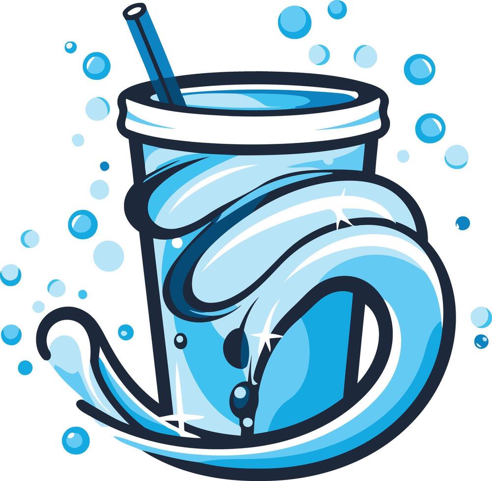 A cartoon illustration of a refreshing blue drink with a straw, surrounded by bubbly water, perfect for summer beverage advertising, websites, and social media vector
