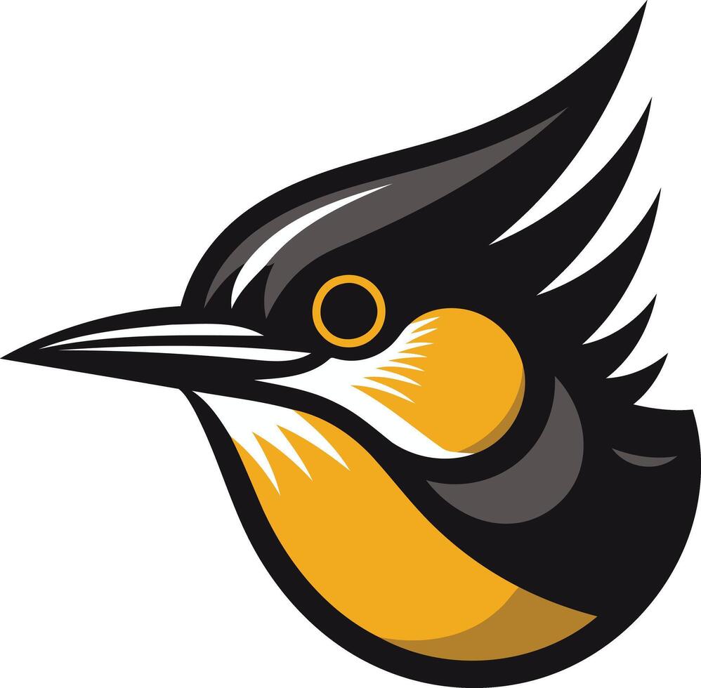 A bold and striking logo featuring a stylized woodpecker with black, white and yellow accents vector