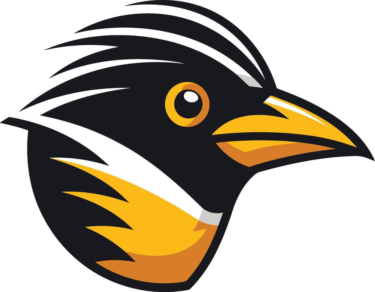 A bold, cartoon style illustration of a black and yellow bird's head, perfect for branding, logos, and sports teams vector