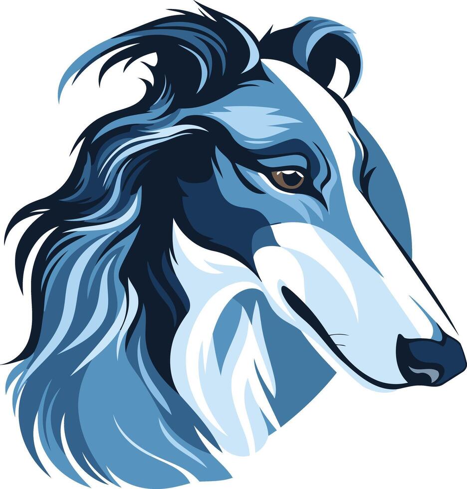 A stylized illustration of a borzoi dog's head, rendered in a cool blue palette, perfect for dog lovers, pet businesses, and branding projects vector