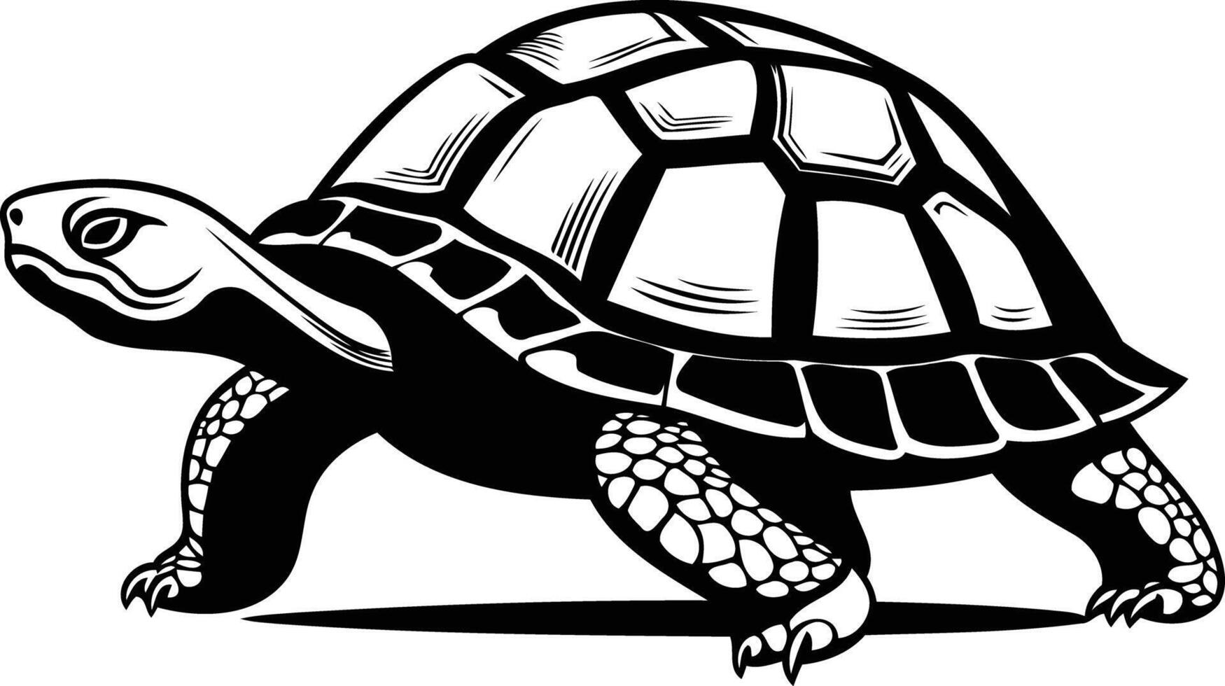 A striking black and white silhouette of a turtle, showcasing its detailed shell and strong legs vector