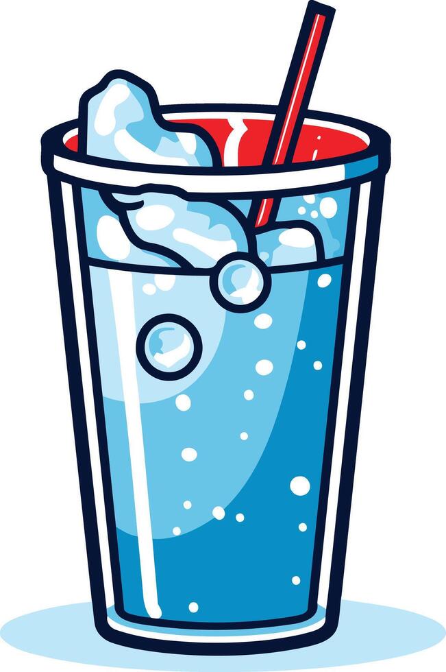 A cheerful cartoon illustration of a tall glass of fizzy blue soda with a red straw vector