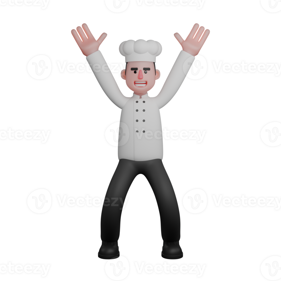 3D Chef Character. A chef is raising both hands up with a happy and enthusiastic facial expression. Culinary Cartoon png