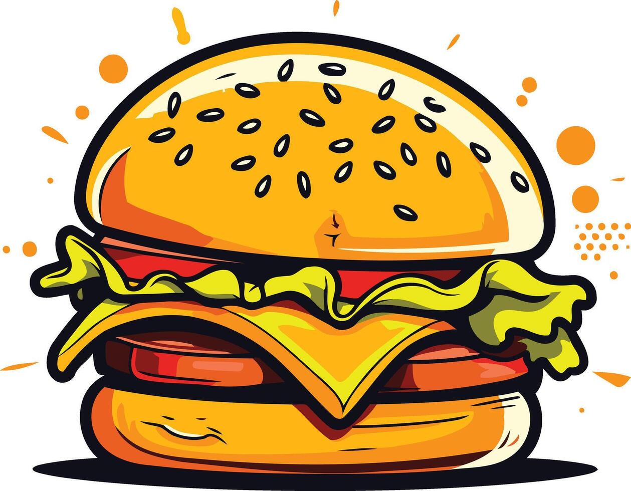 Cartoon illustration of a juicy burger with cheese, lettuce, and sesame seed bun vector