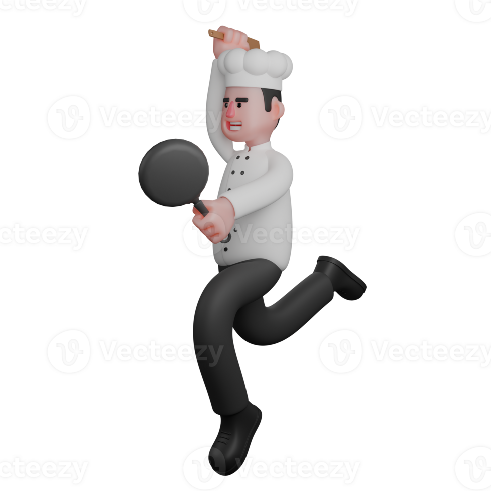 Male Chef in 3D. A chef is jumping enthusiastically while holding a frying pan in the right hand and a spatula in the left hand png