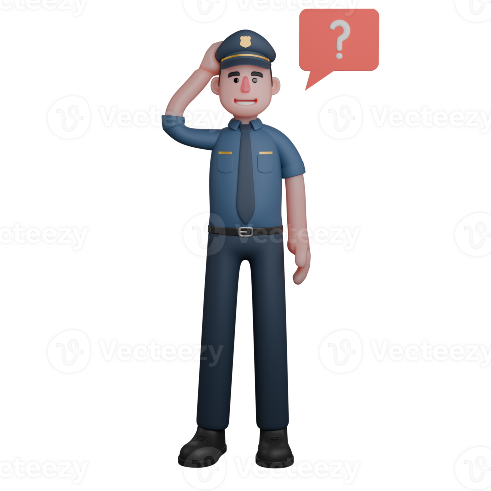 Illustrative 3D Male Police. A policeman is smiling with his hands behind his head with a question mark next to him png