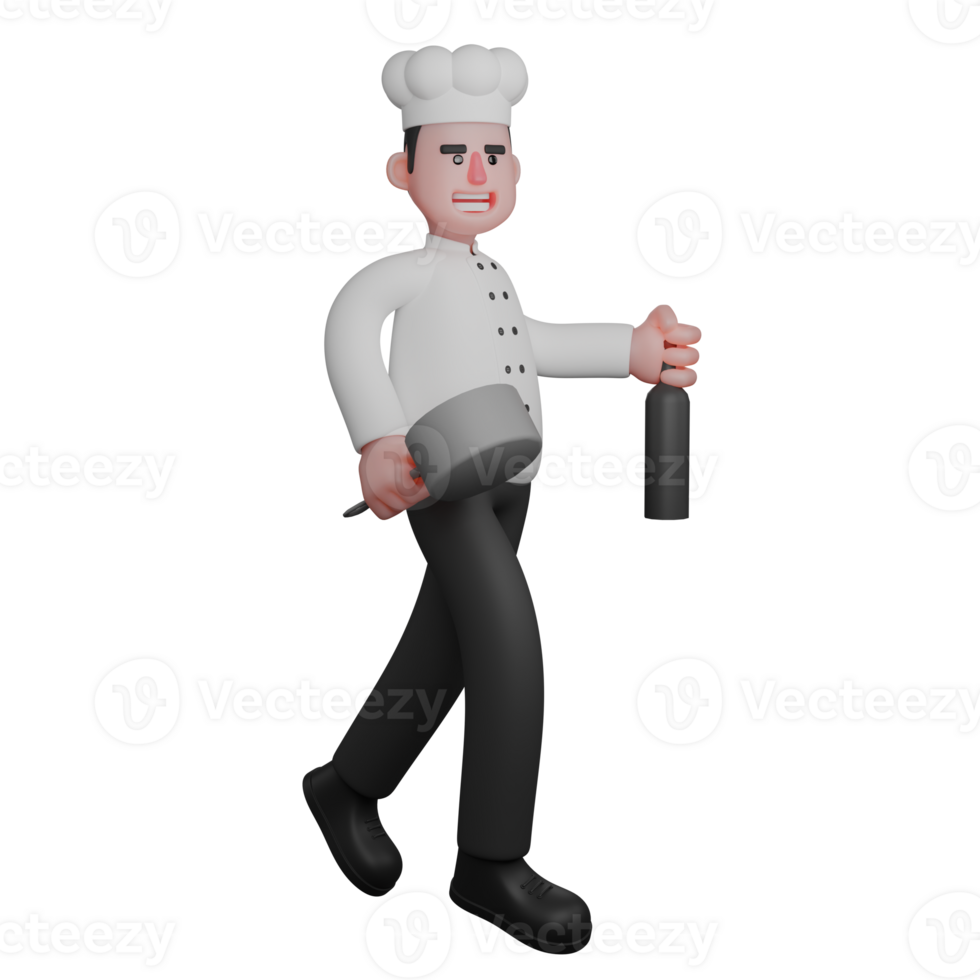 3D Male Culinary Expert. A chef is walking while holding a pot and a bottle in both hands. Illustrated Character png