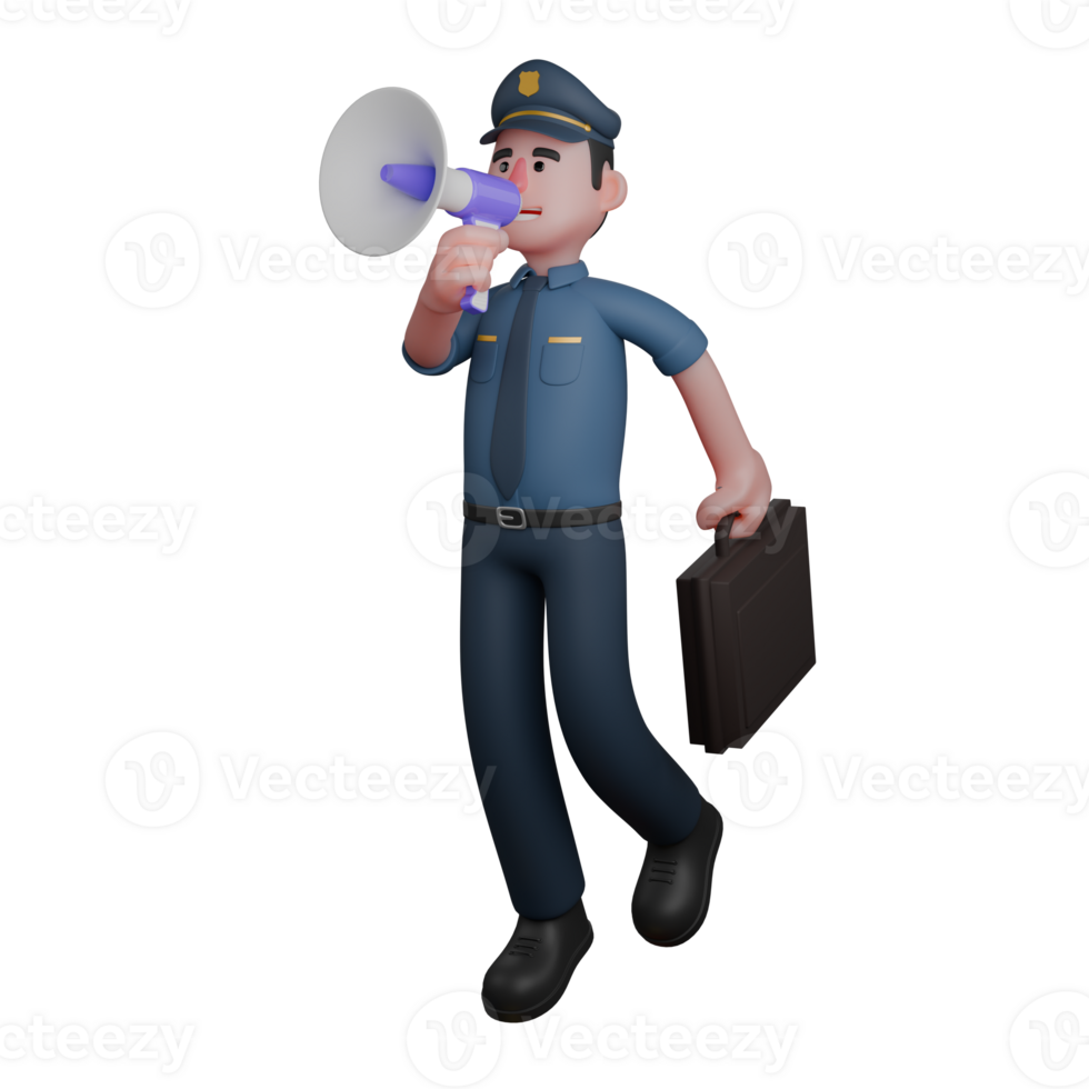 masculino lei profissional dentro 3d. uma polícia Policial é caminhando enquanto segurando uma megafone dentro 1 mão e uma pasta dentro a outro. polícia desenho animado png