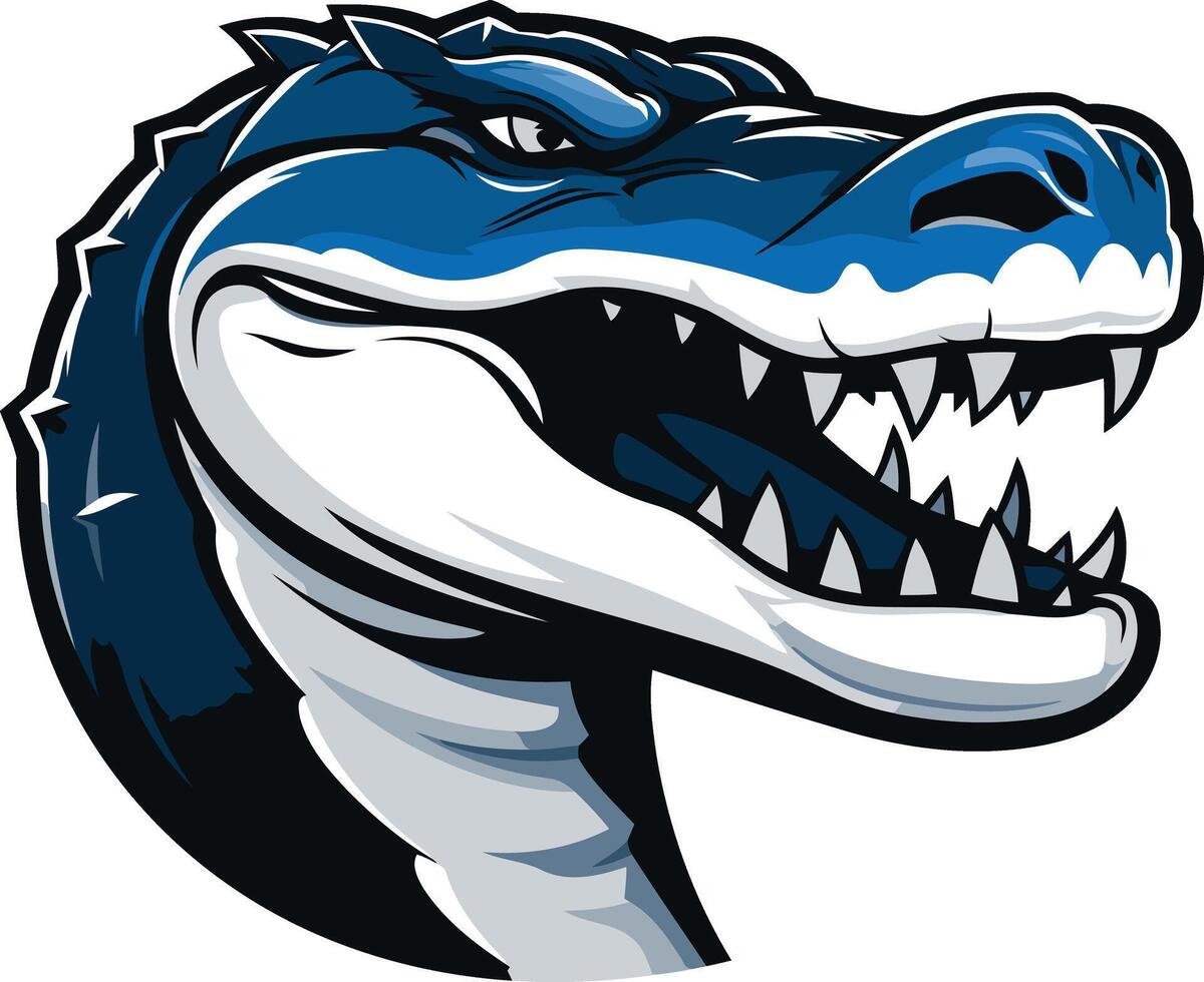 A fierce, blue and white alligator head with sharp teeth vector