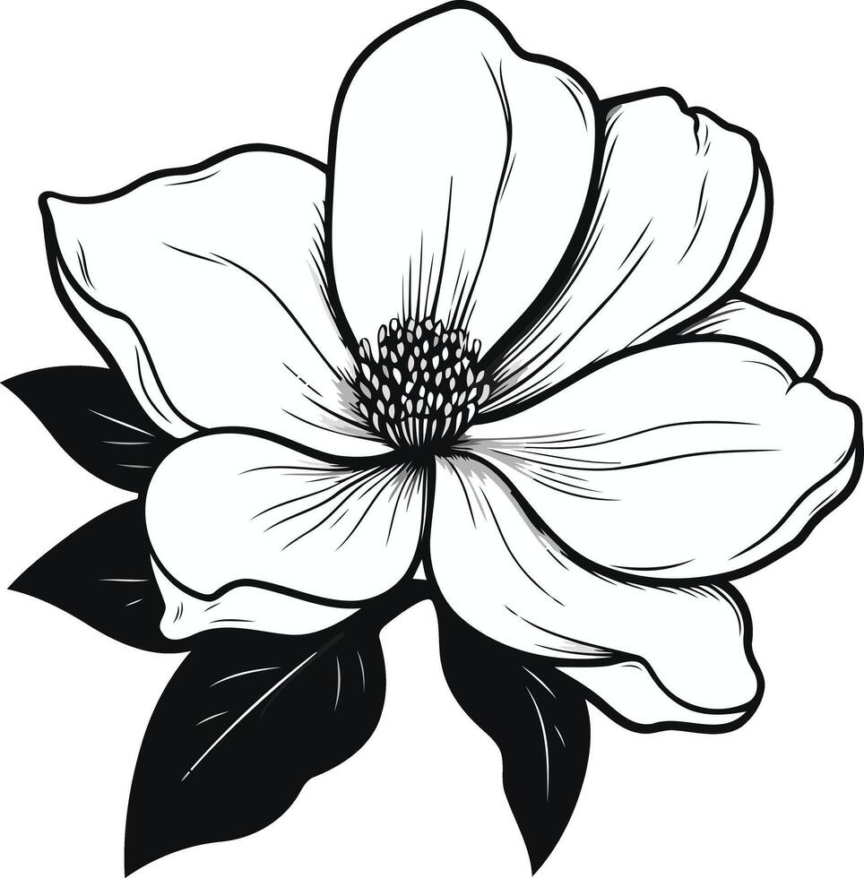 A delicate and intricate black and white illustration of a single dogwood flower vector