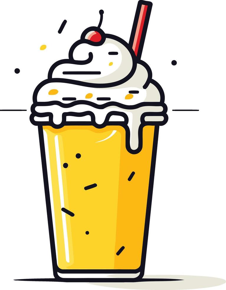 Cute cartoon illustration of a yellow milkshake with whipped cream and a red straw vector