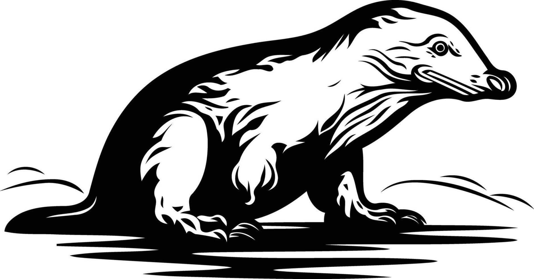 A striking black and white silhouette of a badger in a classic, vintage style vector