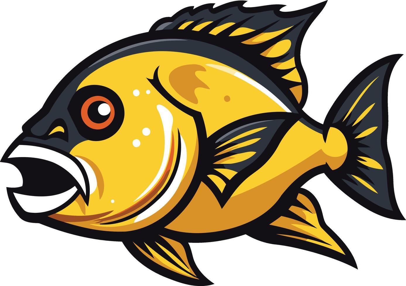 A bold and cartoonish illustration of a yellow fish with black fins, perfect for logos, branding, or fishing related designs vector