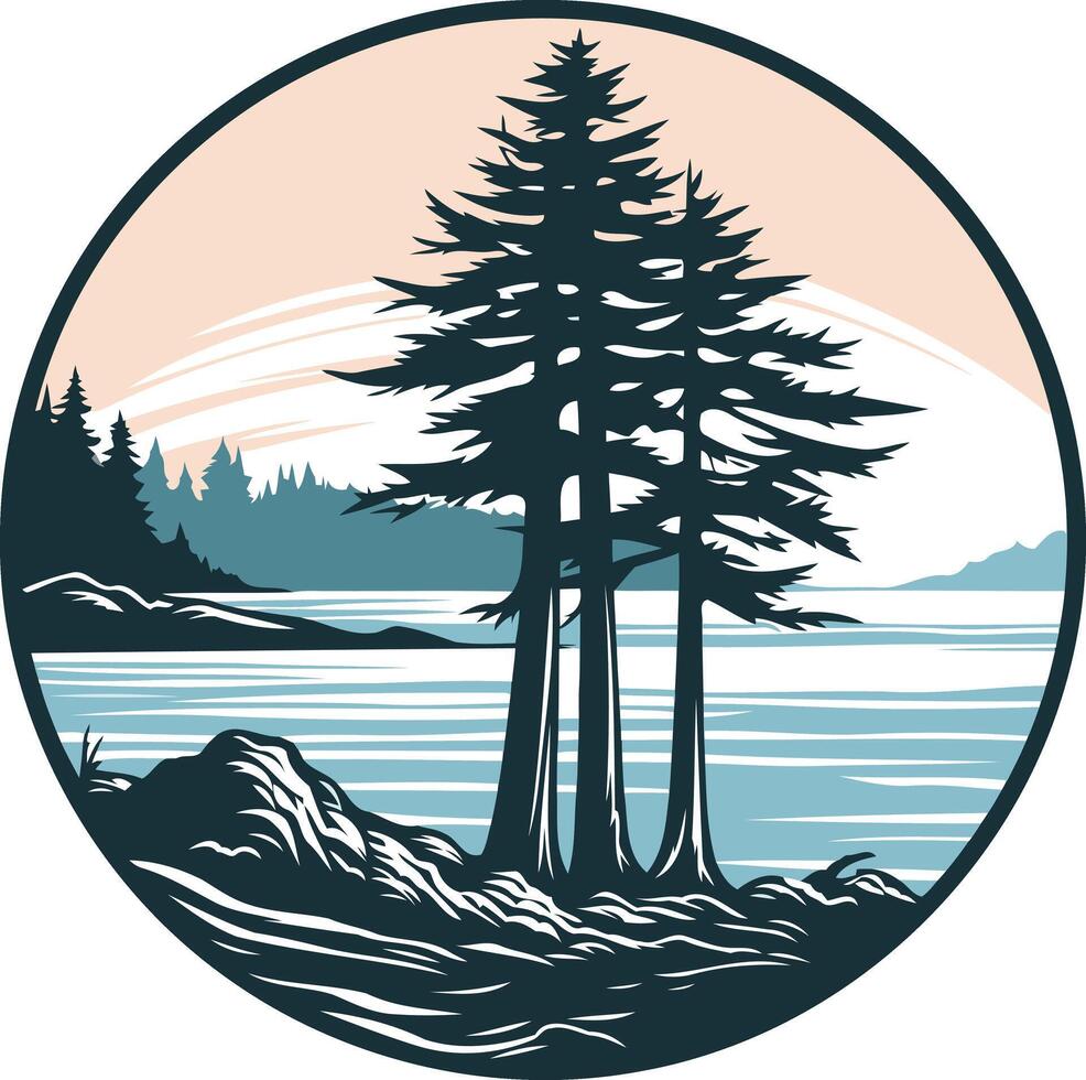 A circular logo with three pine trees silhouetted against a sunset over a lake vector
