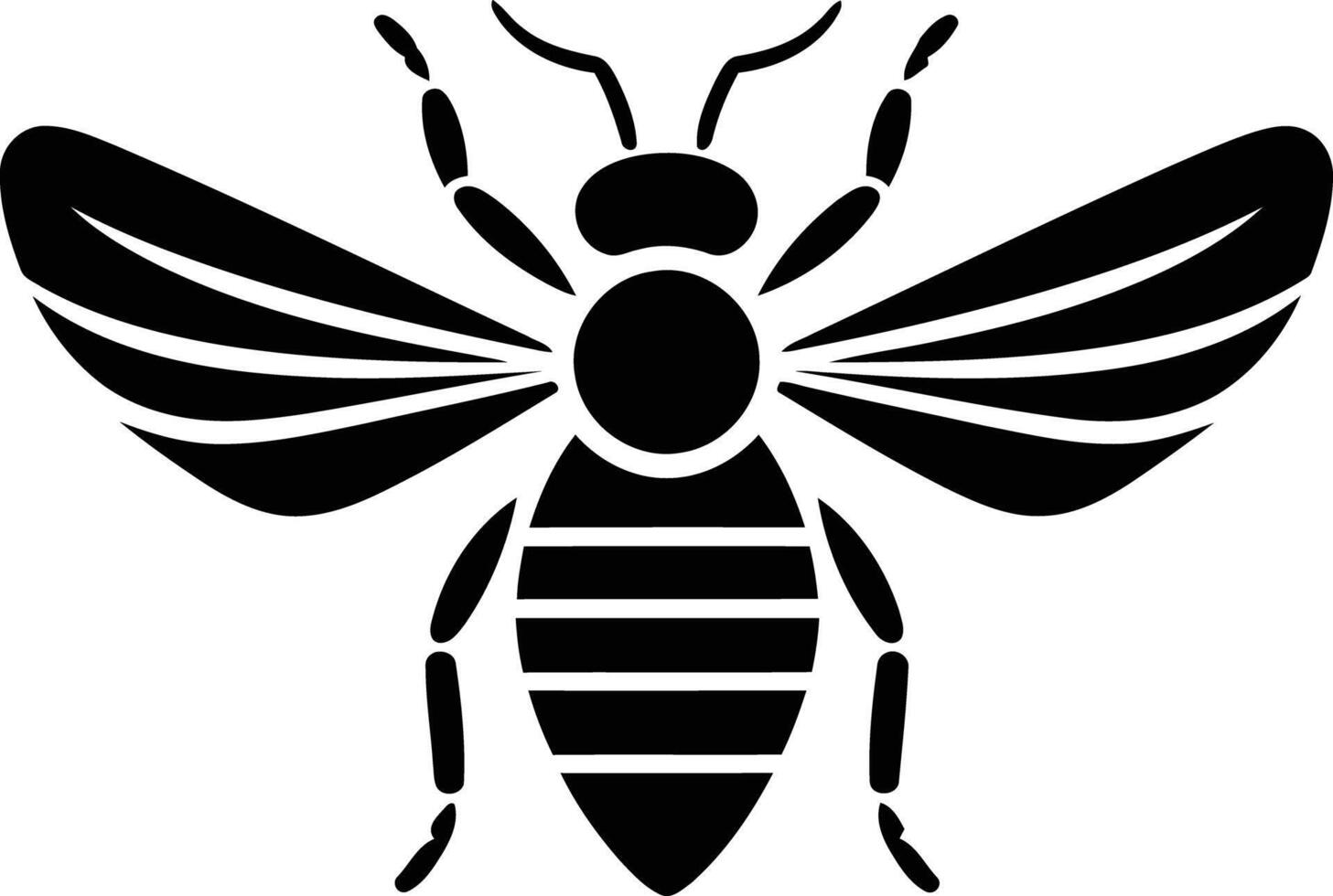 A bold, black and white bee silhouette with wings spread, perfect for use as a logo or design element vector