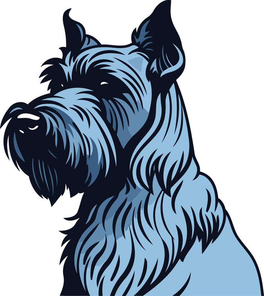 A blue, hand drawn illustration of a schnauzer dog with a serious expression vector