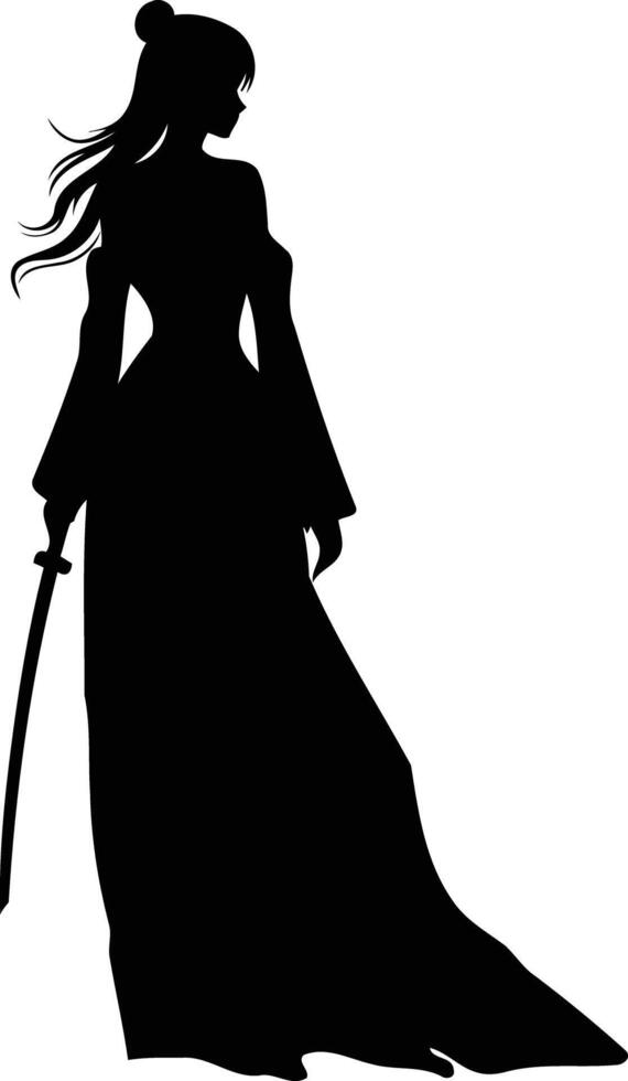 A striking silhouette of a woman in a flowing dress, holding a katana sword vector
