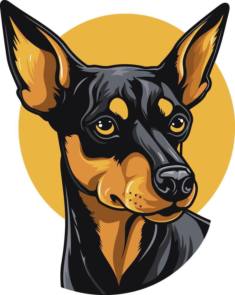 A close up illustration of a cute black and tan miniature pinscher with a friendly expression, perfect for dog related designs, branding, and social media vector