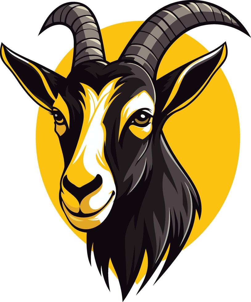 A bold, graphic illustration of a goat's head with a yellow sun behind it vector