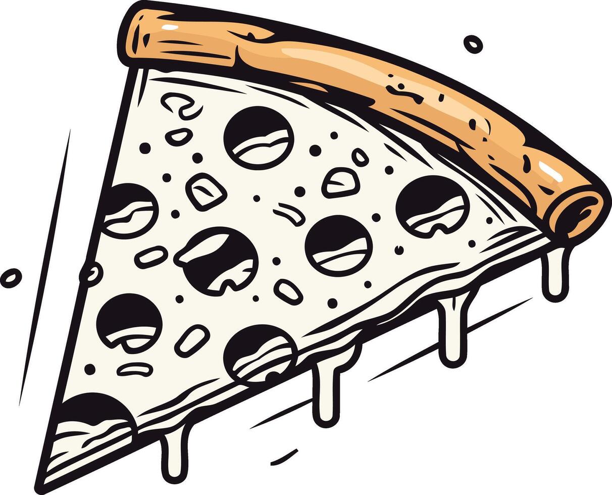 A fun, cartoon style illustration of a delicious pizza slice with melted cheese and pepperoni vector