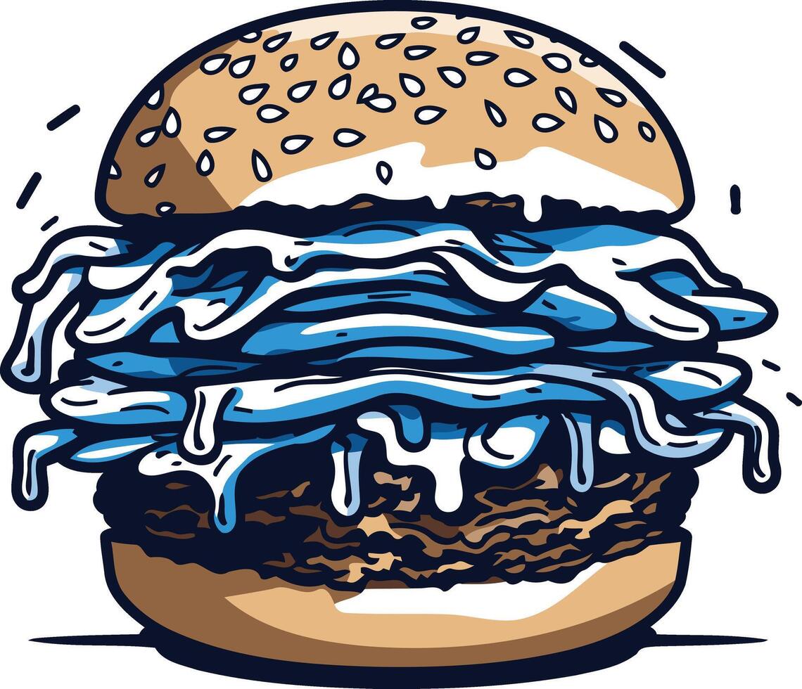 Delicious cartoon burger with blue and white toppings, perfect for fast food and restaurant menus, websites, and social media vector