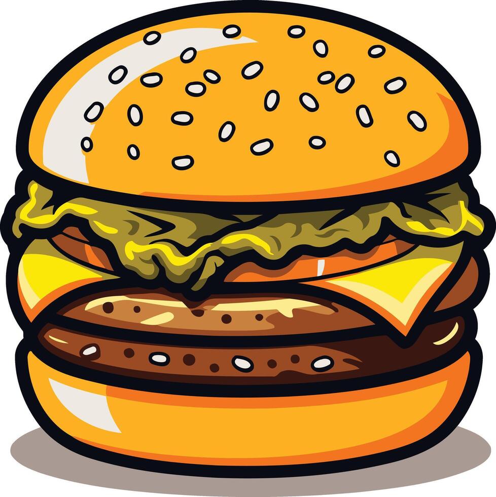 A juicy, cartoon style double cheeseburger with lettuce, sesame seed bun, and melted cheese vector