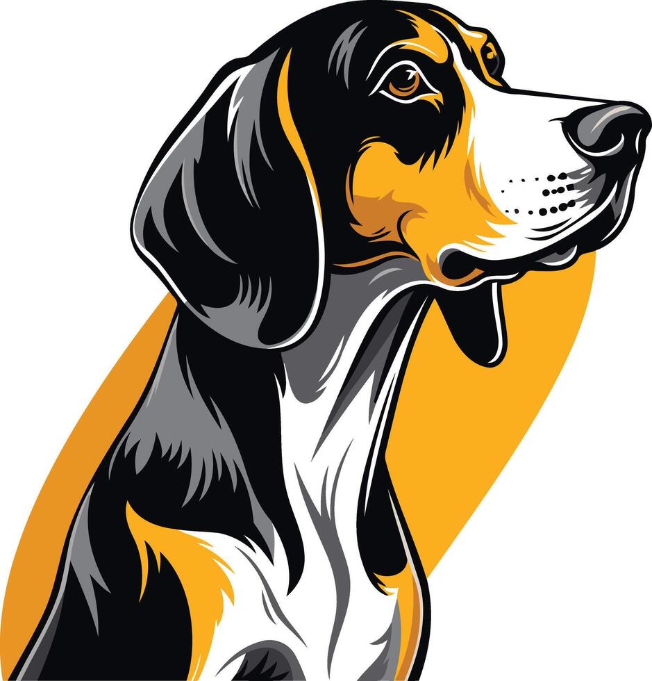 A striking illustration of a beagle head, with a bold black and white design and a vibrant yellow background vector