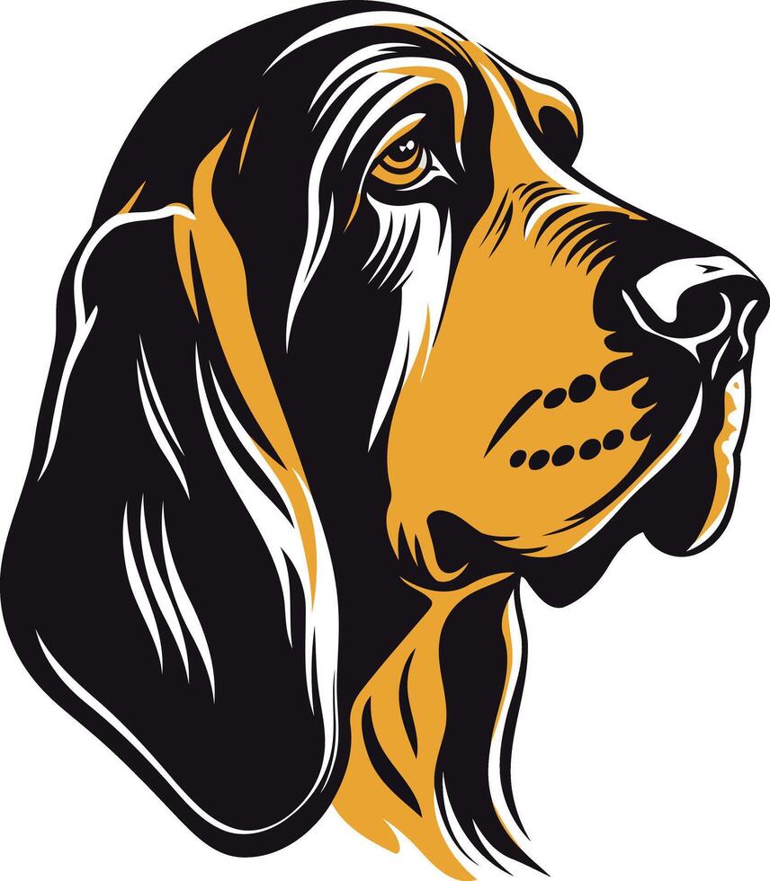 A bold, stylized illustration of a bloodhound's head, perfect for branding, t shirts, and other dog themed designs vector