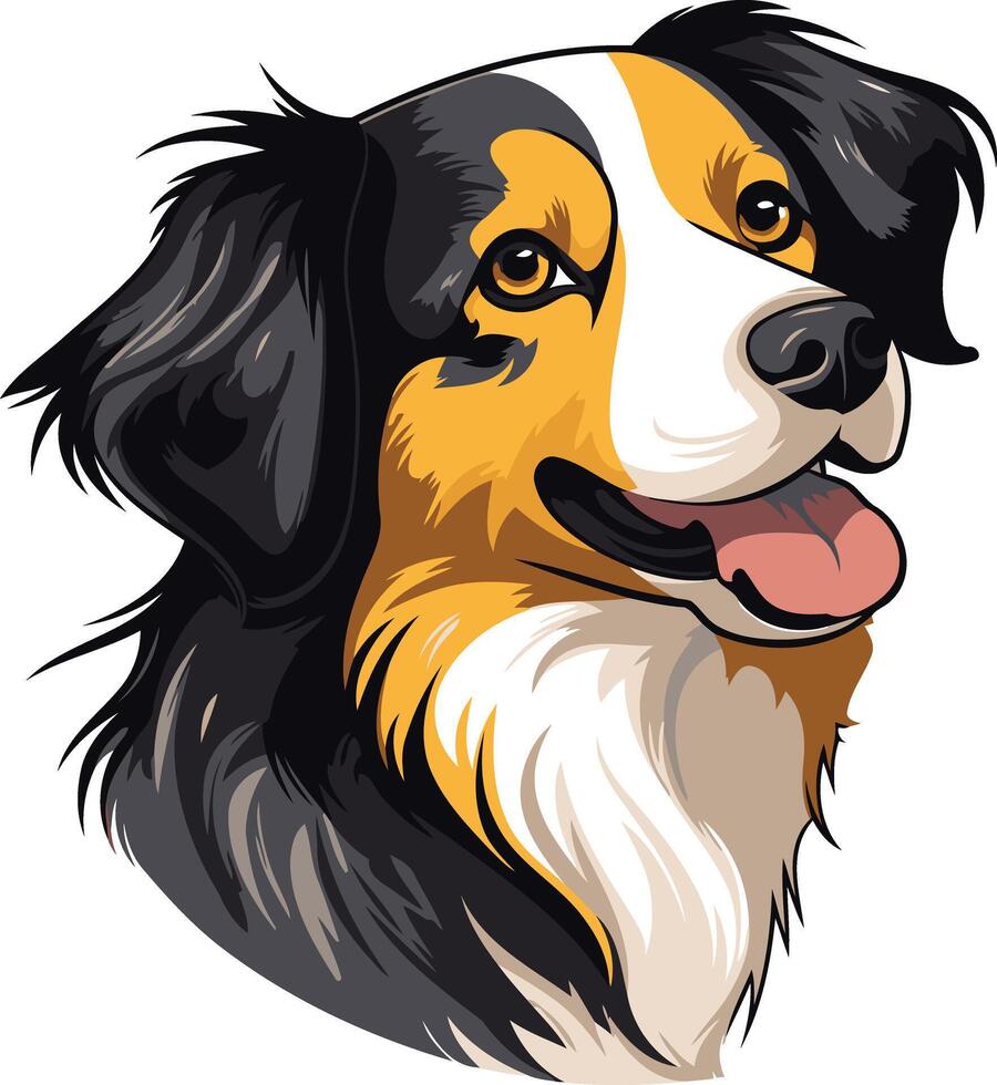 A friendly cartoon illustration of an australian shepherd dog with black, tan, and white fur vector