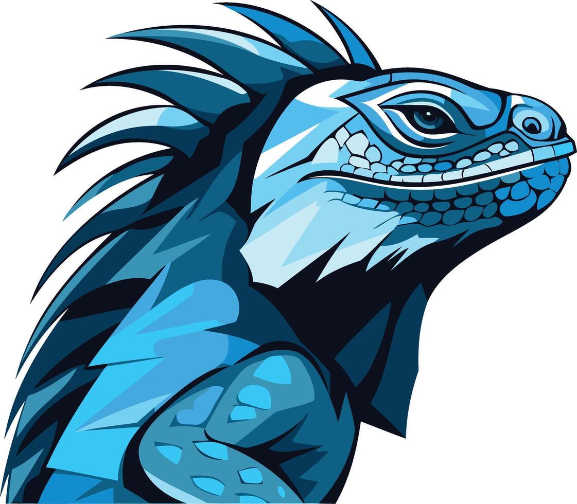 A striking blue iguana head, rendered in a bold, stylized design vector
