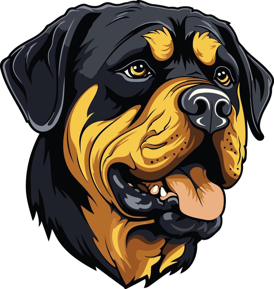 A powerful and bold illustration of a rottweiler's head, capturing its muscular features and intense gaze vector