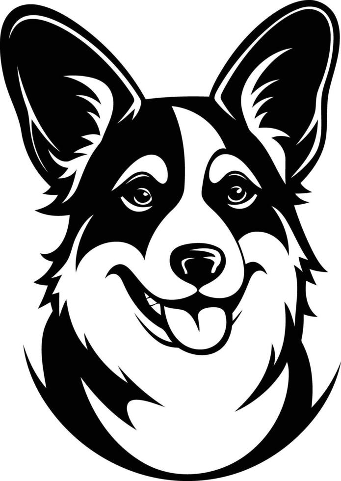 A playful black and white illustration of a happy corgi with its tongue sticking out vector