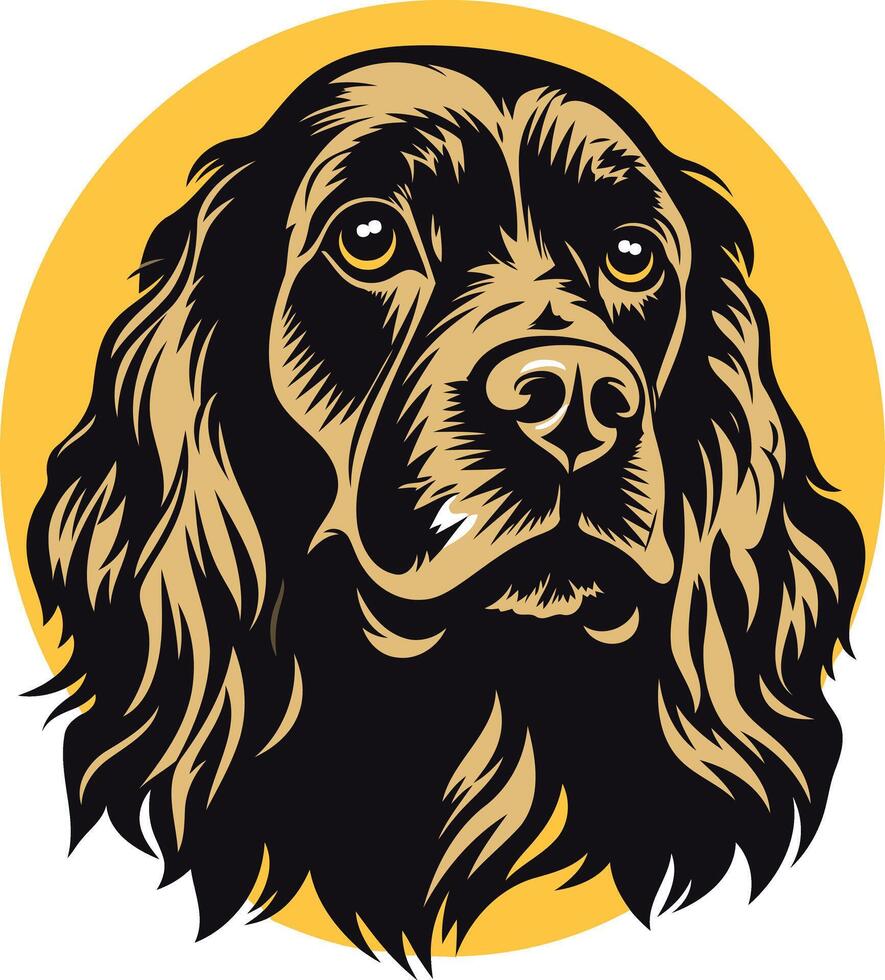 A bold, graphic illustration of a cocker spaniel head, set against a bright yellow circle vector