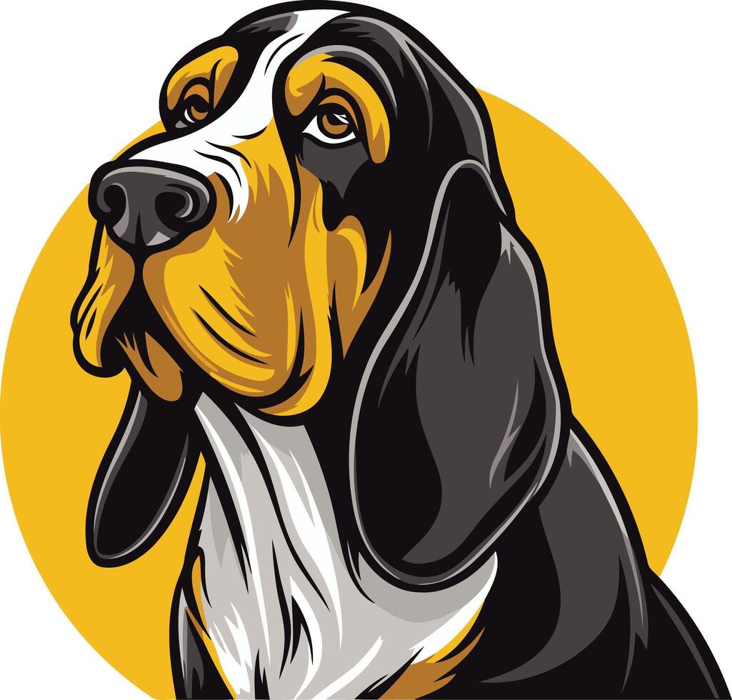 A close up illustration of a basset hound with a cute, curious expression vector
