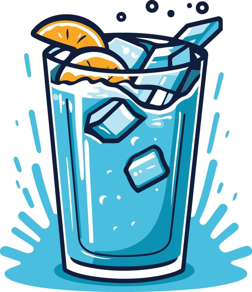 A cartoon illustration of a refreshing blue drink with ice and an orange slice vector