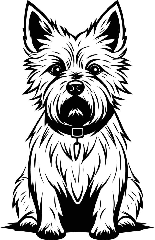 A striking black and white illustration of a west highland white terrier sitting, perfect for pet related designs, logos, and branding vector